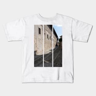 North Italy Life in the center of the lombard medieval city. Walking through narrow streets and walls. Sunny summer day. (vertical) Kids T-Shirt